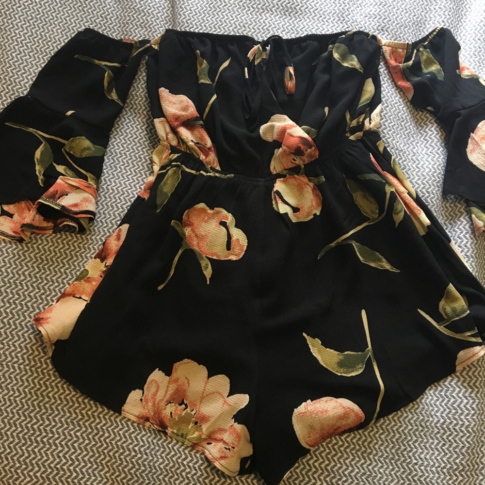 Floral off the shoulder, flowy arm romper